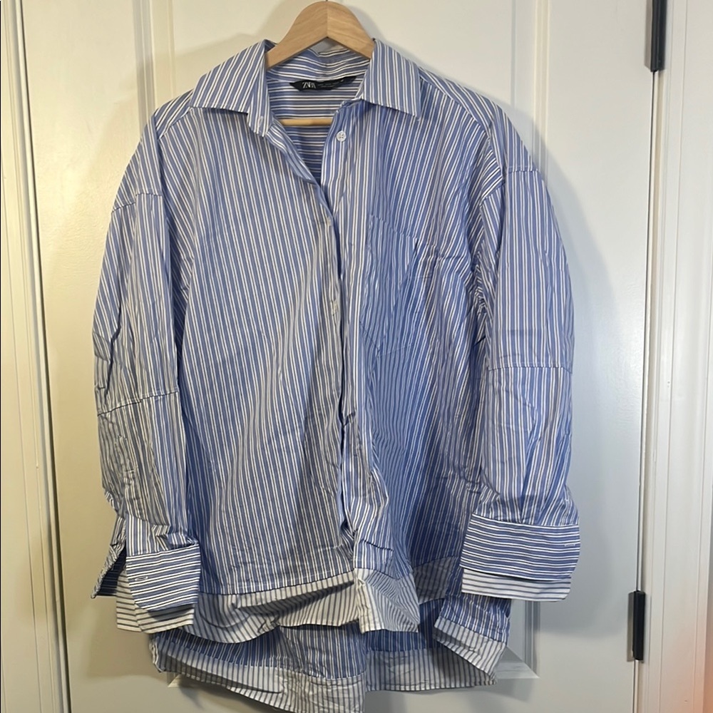 Zara blue and white layered button down long sleeve shirt